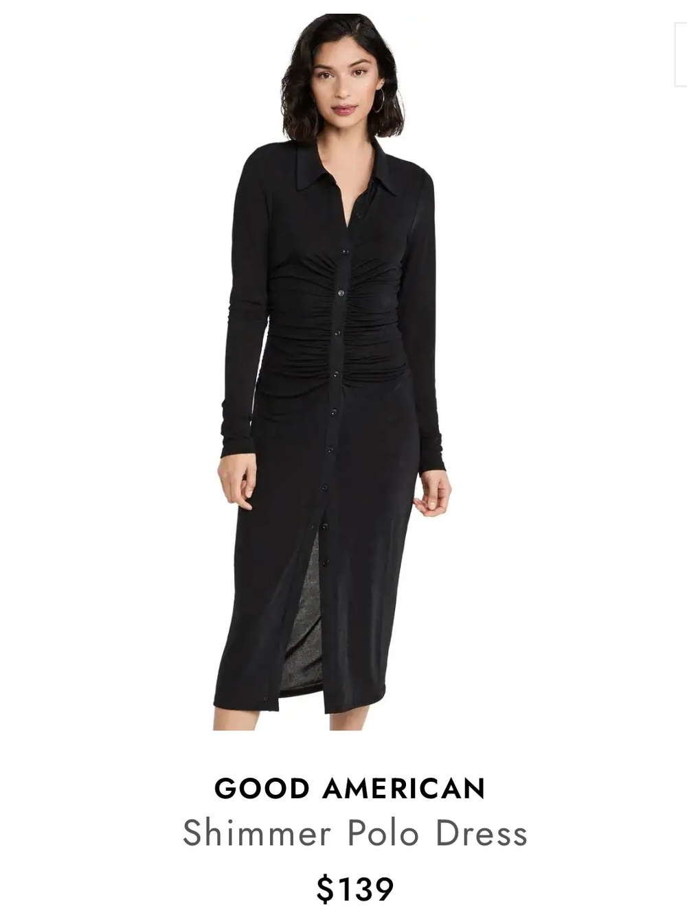 Good American Black Ruched Button-Front Long Sleeve Dress